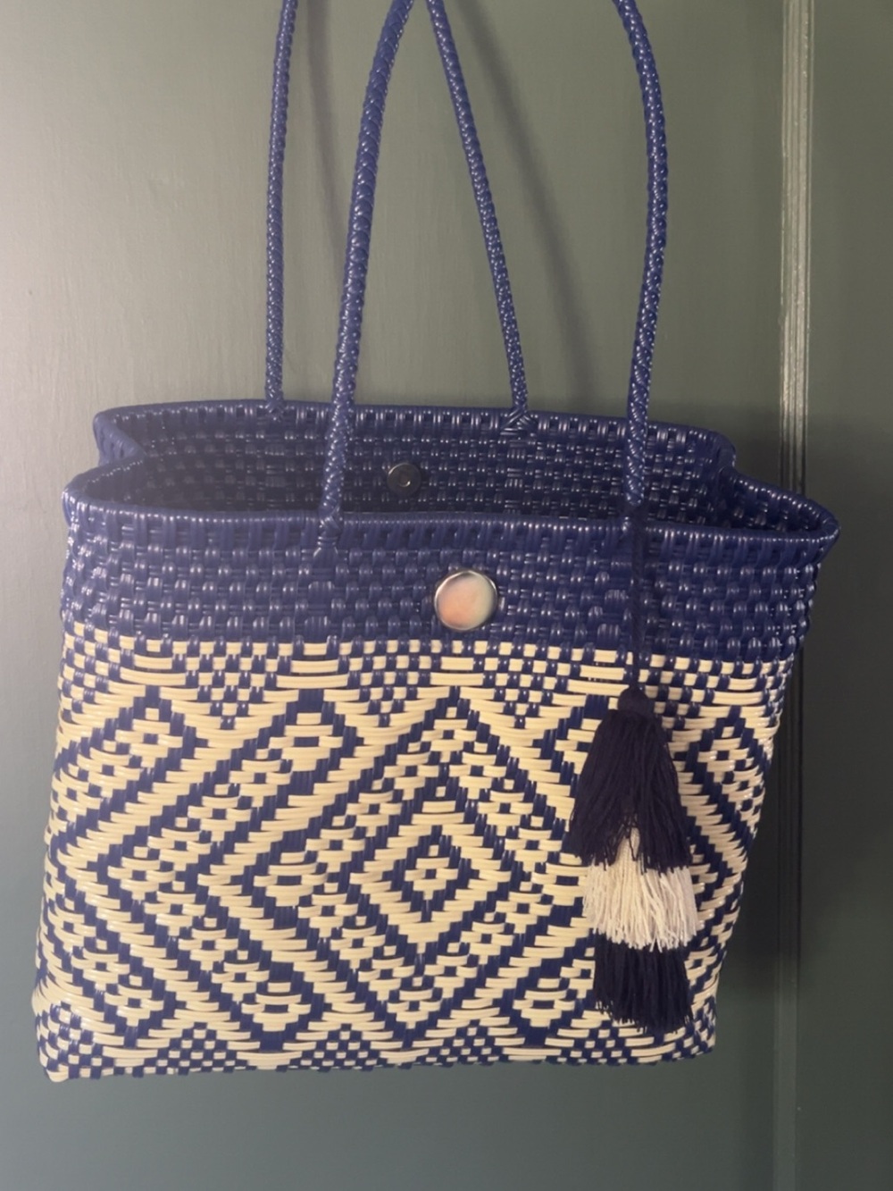 Woven Diamond Tote Bag in Navy & Cream